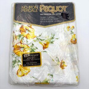 Vtg Pequot Double Flat Sheet No Iron Percale Easy Care Yellow Floral MCM Retro